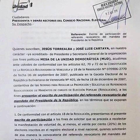 MUD solicita al CNE fecha para recolección del 20 las firmas