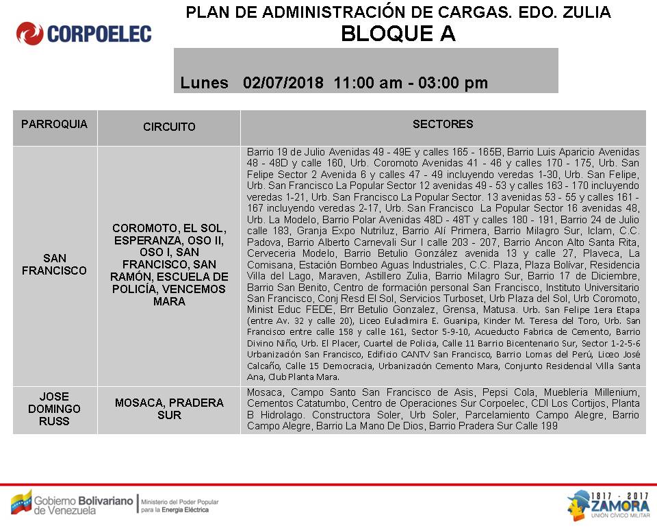 Horario de cortes eléctricos Programados para el Zulia, 2018. Bloque A de 11AM a 3PM (1)