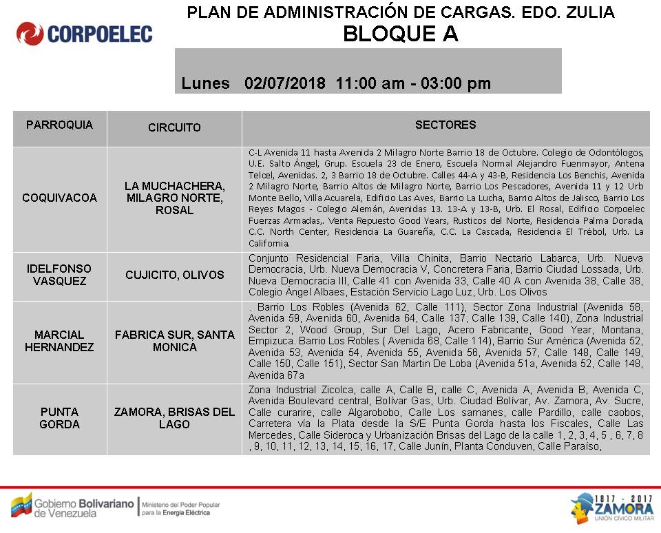 Horario de cortes eléctricos Programados para el Zulia, 2018. Bloque A de 11AM a 3PM (4)