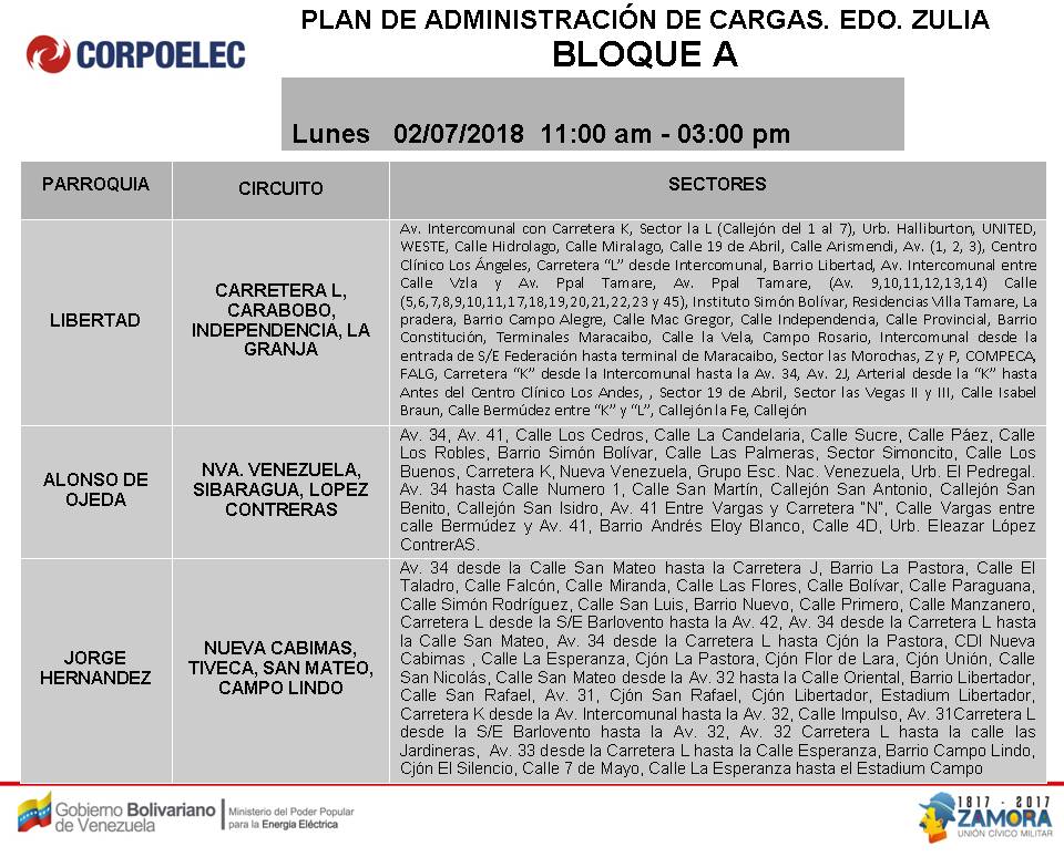 Horario de cortes eléctricos Programados para el Zulia, 2018. Bloque A de 11AM a 3PM (5)