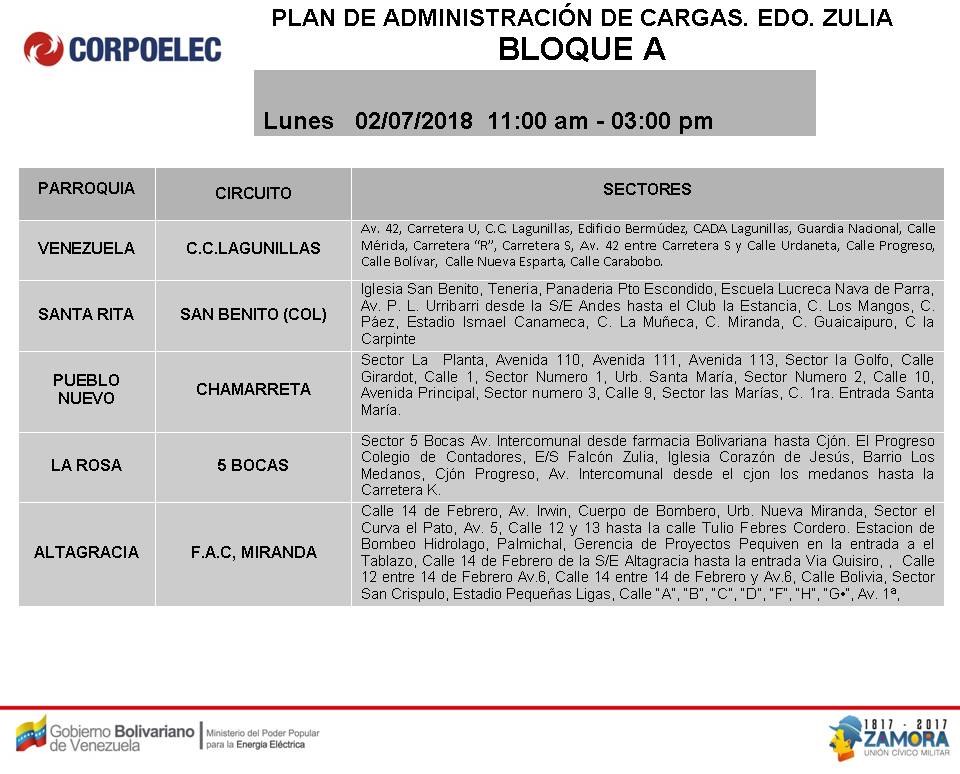 Horario de cortes eléctricos Programados para el Zulia, 2018. Bloque A de 11AM a 3PM (6)