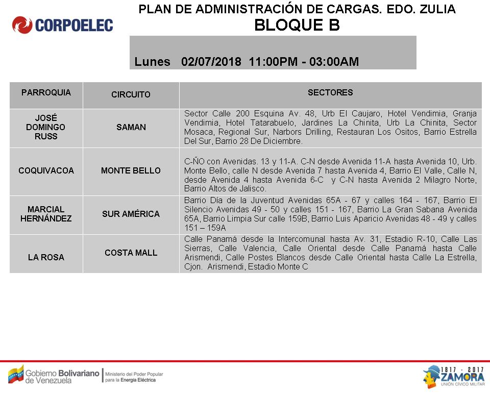 Horario de cortes eléctricos Programados para el Zulia, 2018. Bloque B de 11PM a 3AM (2)