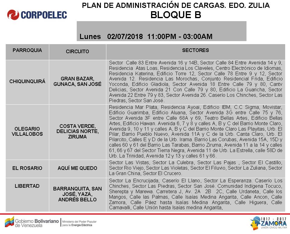 Horario de cortes eléctricos Programados para el Zulia, 2018. Bloque B de 11PM a 3AM (3)