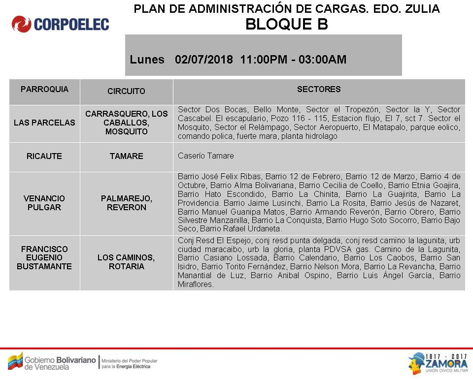 Horario de cortes eléctricos Programados para el Zulia, 2018. Bloque B de 11PM a 3AM (4)