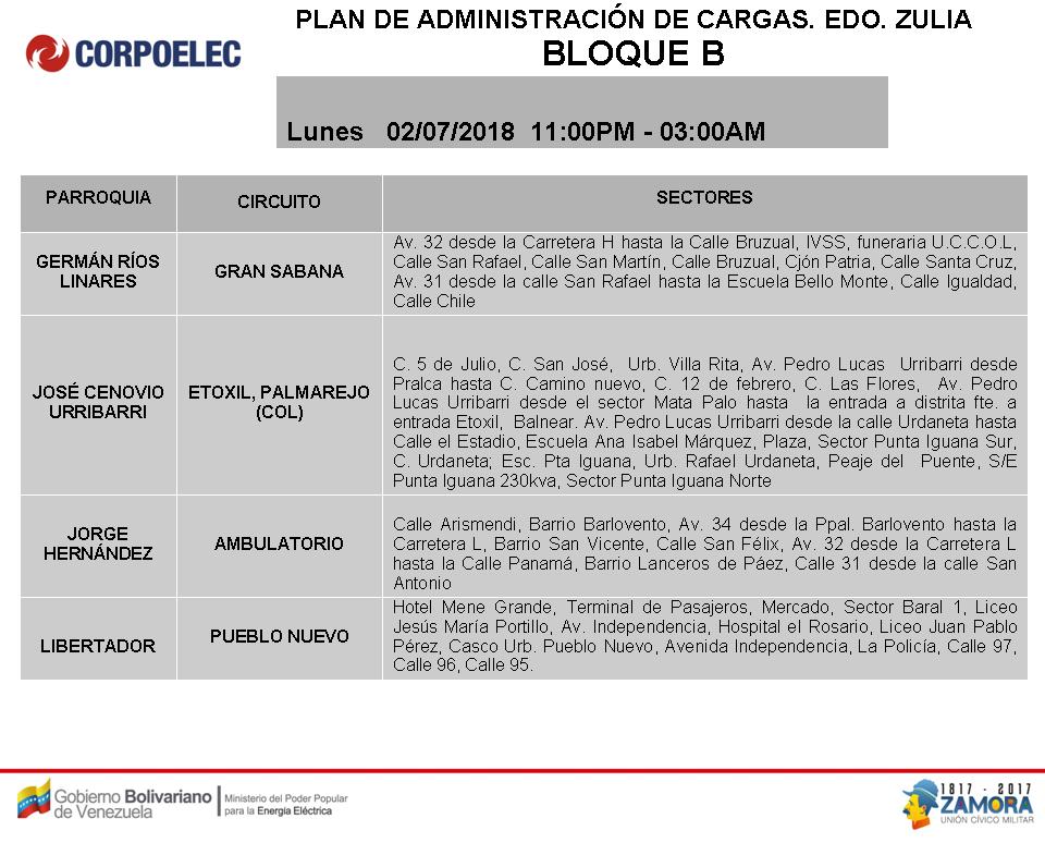 Horario de cortes eléctricos Programados para el Zulia, 2018. Bloque B de 11PM a 3AM (5)