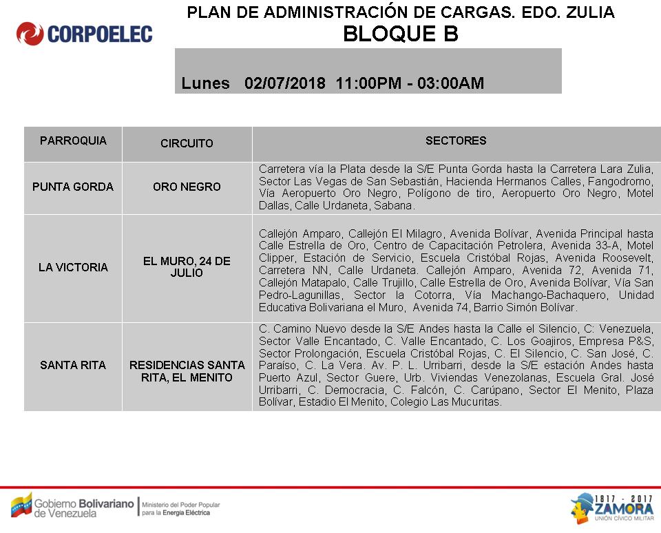 Horario de cortes eléctricos Programados para el Zulia, 2018. Bloque B de 11PM a 3AM (6)