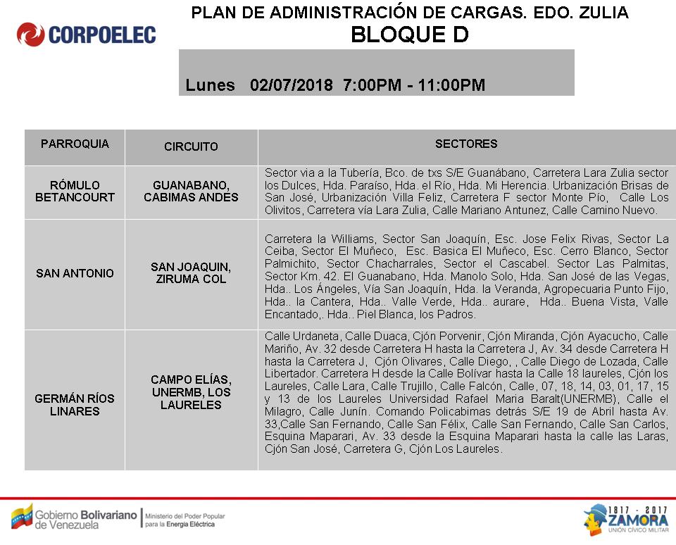 Horario de cortes eléctricos Programados para el Zulia, 2018. Bloque D de 7PM a 11PM (6)