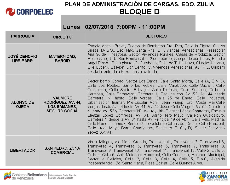 Horario de cortes eléctricos Programados para el Zulia, 2018. Bloque D de 7PM a 11PM (8)