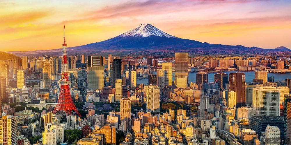 Aerial view of Tokyo cityscape with Fuji mountain in Japan.