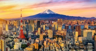 Aerial view of Tokyo cityscape with Fuji mountain in Japan.