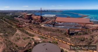 Whyalla South Australia November 17th 2019 : Sweeping panoramic aerial view of the town of Whyalla in South Australia, extending out to the port and jetty in the ocean