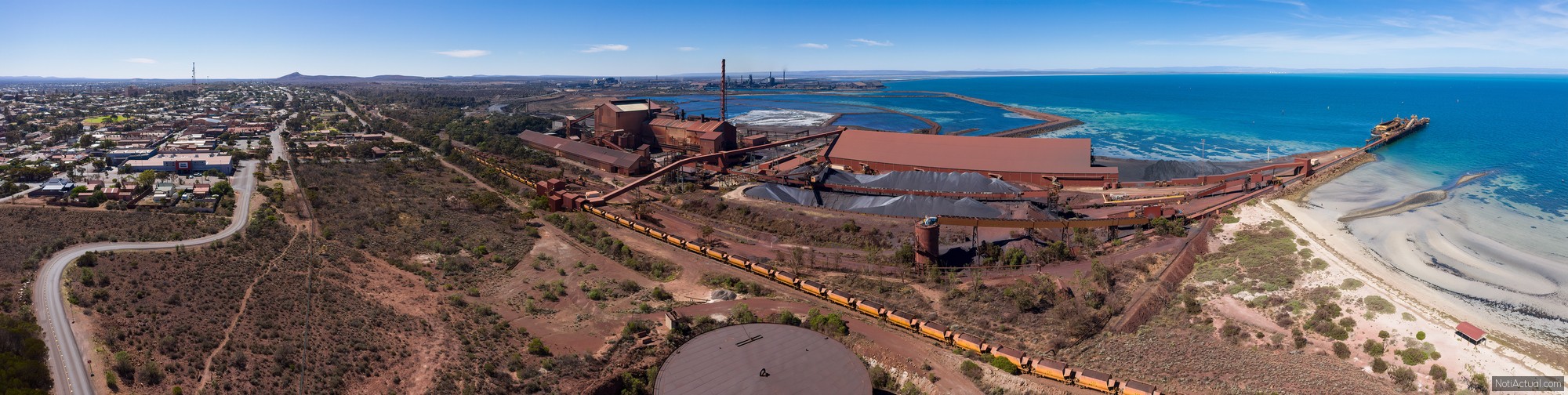 Whyalla South Australia November 17th 2019 : Sweeping panoramic aerial view of the town of Whyalla in South Australia, extending out to the port and jetty in the ocean