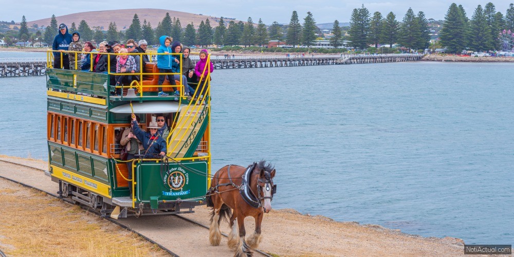 VICTOR HARBOR, AUSTRALIA, JANUARY 5, 2020: Horse drawn tram on a