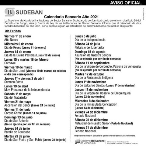 Sudeban Calendario bancario para el 2021
