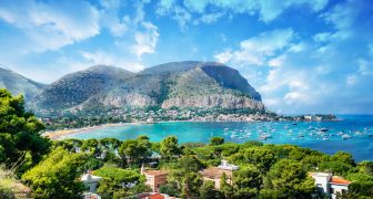 View of the gulf of Mondello and Monte Pellegrino, Palermo, Sicily island, Italy