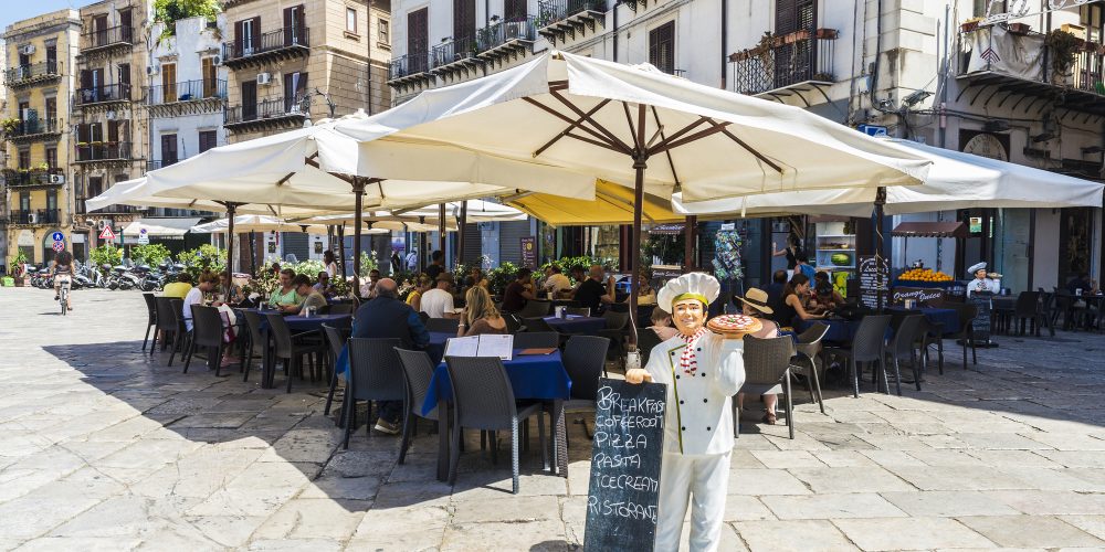 Terrace of a restaurant bar in Palermo in Sicily, Italy