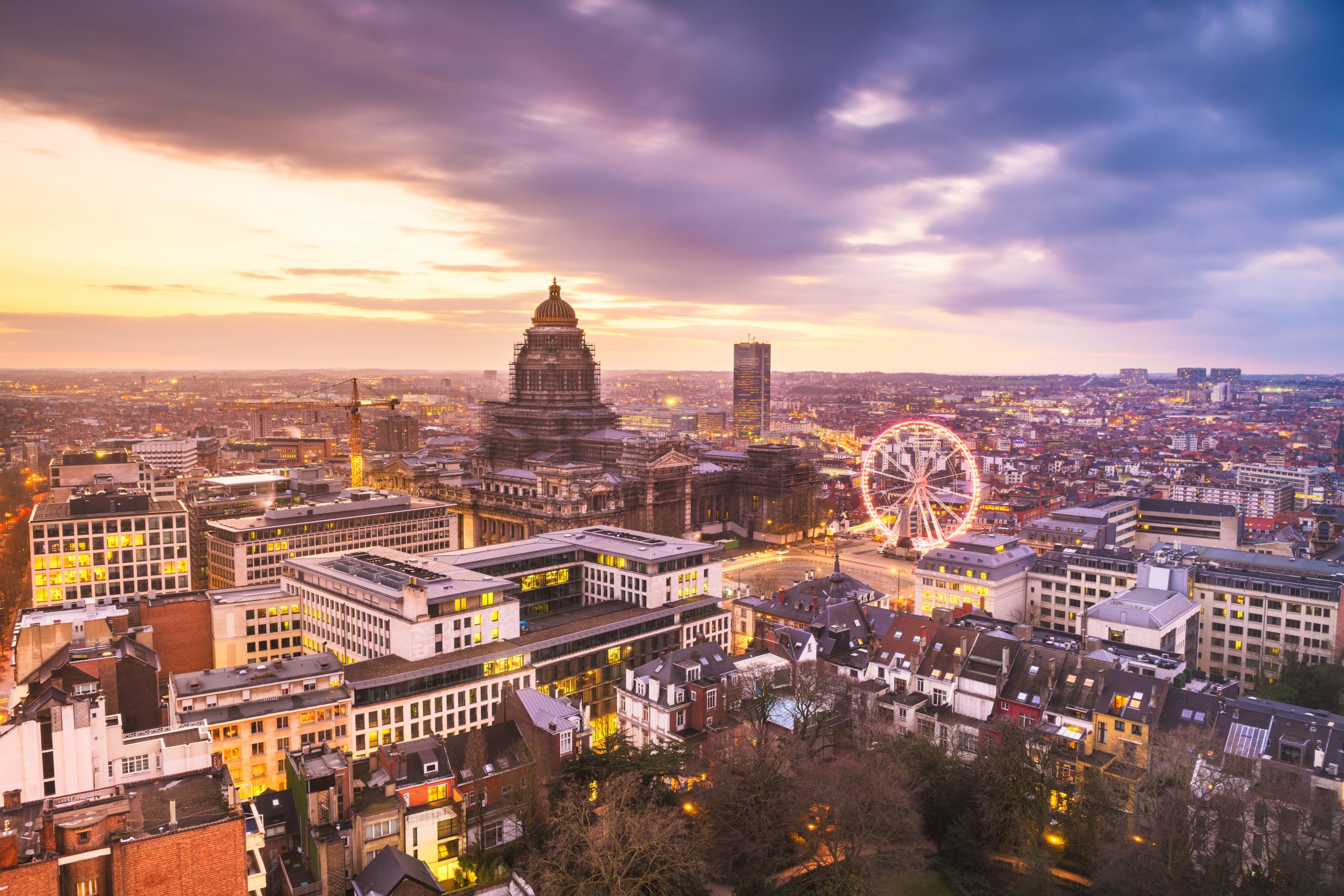 Brussels, Belgium cityscape at Palais de Justice during dusk.