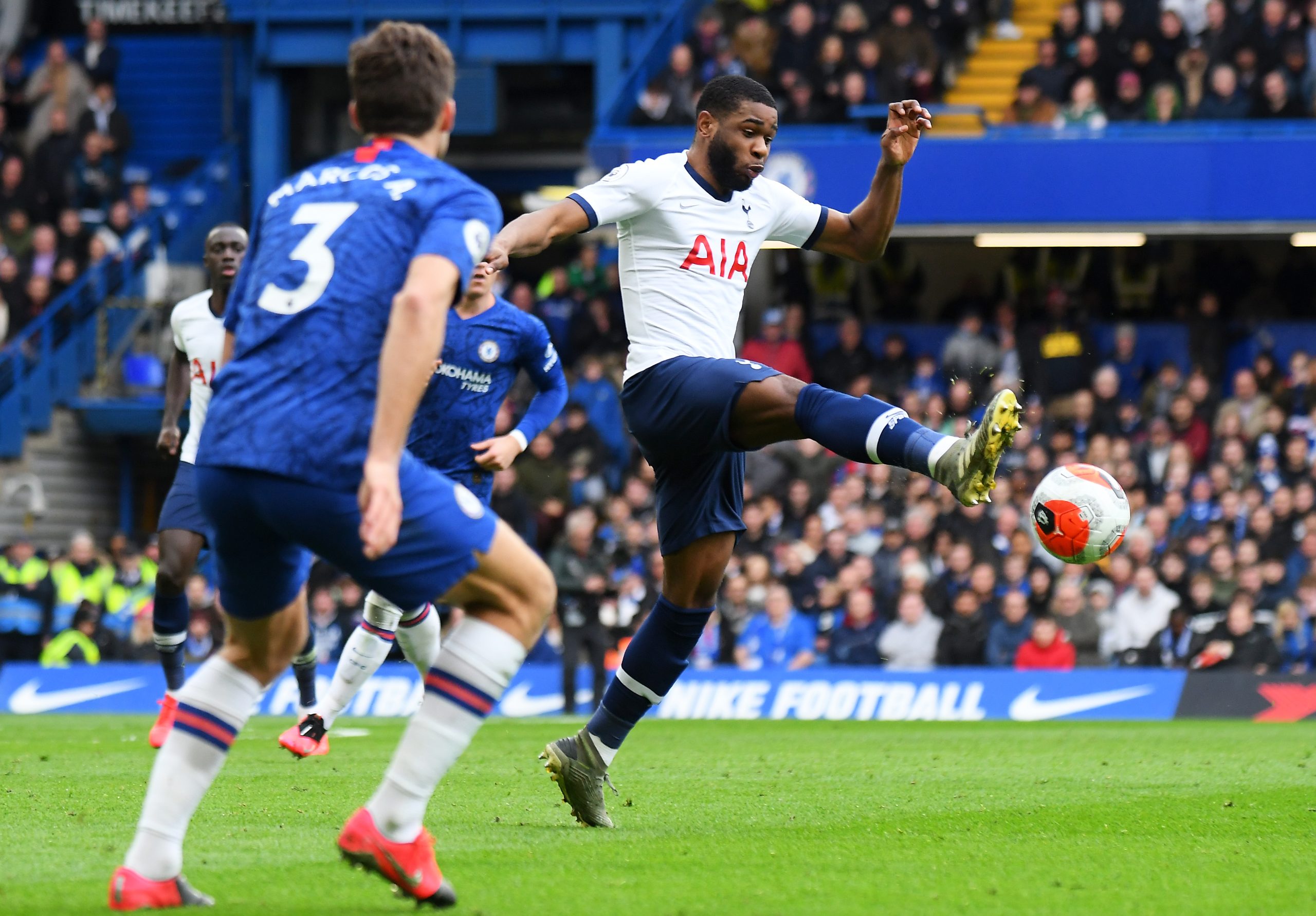 LONDON, ENGLAND - FEBRUARY 22, 2020: Japhet Tanganga of Tottenham pictured during the 2019/20 Premier League game between Chelsea FC and Tottenham Hotspur FC at Stamford Bridge.