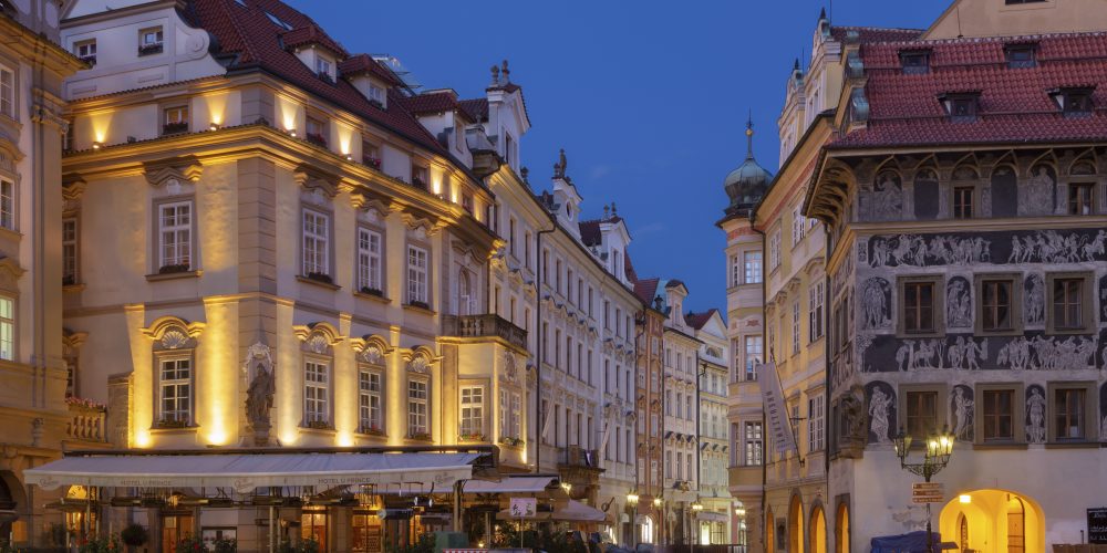 PRAGUE, CZECH REPUBLIC - OCTOBER 16, 2018: The look from Starom?stské square to Malé square at dusk.