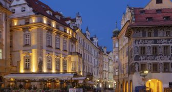 PRAGUE, CZECH REPUBLIC - OCTOBER 16, 2018: The look from Starom?stské square to Malé square at dusk.