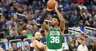 Boston Celtics player Marcus Smart #36 shoots a three point at the Amway Center on Friday January 24, 2020 in Orlando, Florida. Photo Credit: Marty Jean-Louis