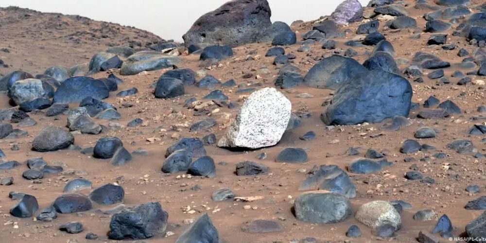 El Perseverance descubrió un campo de rocas en el que una roca en particular destacaba por ser diferente de todo lo que habían encontrado en Marte hasta el momento.Imagen: NASA/JPL-Caltech/ASU/MSSS