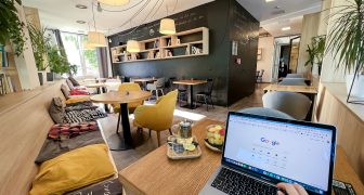 Prague, Czech republic - September 7, 2023: Interior of non-stop cafe with space for study. Coworking place popular among students for education and study in Prague