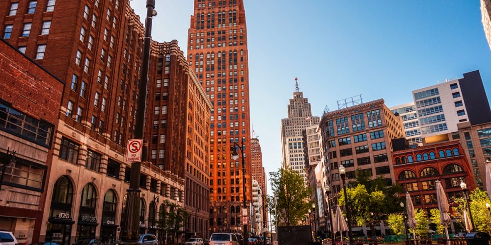 Street view from the downtown of Detroit MI, USA