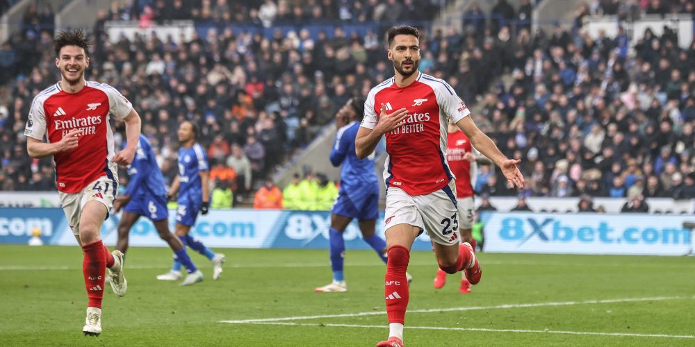 Mikel Merino of Arsenal celebrates his goal to make it 0-1 during the Premier League match Leicester City vs Arsenal at King Power Stadium, Leicester, United Kingdom, 15th February 2025