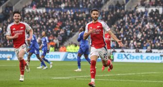 Mikel Merino of Arsenal celebrates his goal to make it 0-1 during the Premier League match Leicester City vs Arsenal at King Power Stadium, Leicester, United Kingdom, 15th February 2025
