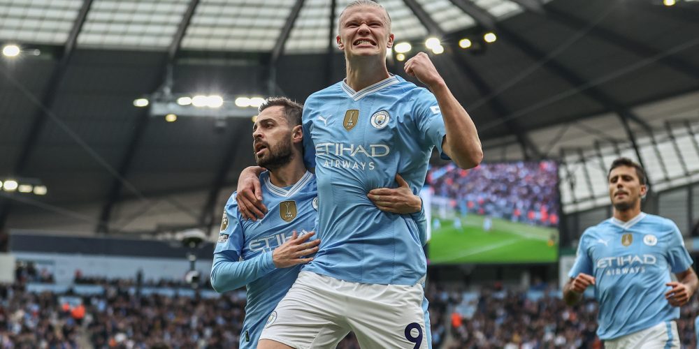 Erling Haaland of Manchester City celebrates his goal to make it 1-0 during the Premier League match Manchester City vs Wolverhampton Wanderers at Etihad Stadium, Manchester, United Kingdom, 4th May 2024 (Photo by Mark Cosgrove/News Images)