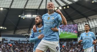 Erling Haaland of Manchester City celebrates his goal to make it 1-0 during the Premier League match Manchester City vs Wolverhampton Wanderers at Etihad Stadium, Manchester, United Kingdom, 4th May 2024 (Photo by Mark Cosgrove/News Images)