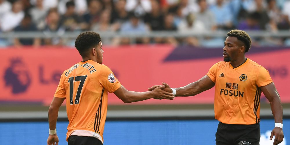 Morgan Gibbs-White, left, of Wolverhampton Wanderers F.C. of English League champions celebrates with Spanish football player Adama Traore after scoring against Newcastle United F.C. in the semifinal match during the Premier League Asia Trophy 2019 in Nanjing city, east China's Jiangsu province, 17 July 2019. Wolverhampton Wanderers F.C. defeated Newcastle United F.C. 4-0.