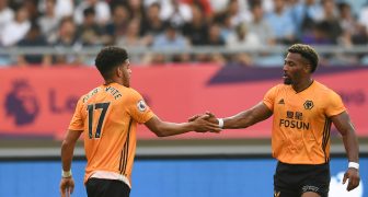 Morgan Gibbs-White, left, of Wolverhampton Wanderers F.C. of English League champions celebrates with Spanish football player Adama Traore after scoring against Newcastle United F.C. in the semifinal match during the Premier League Asia Trophy 2019 in Nanjing city, east China's Jiangsu province, 17 July 2019. Wolverhampton Wanderers F.C. defeated Newcastle United F.C. 4-0.