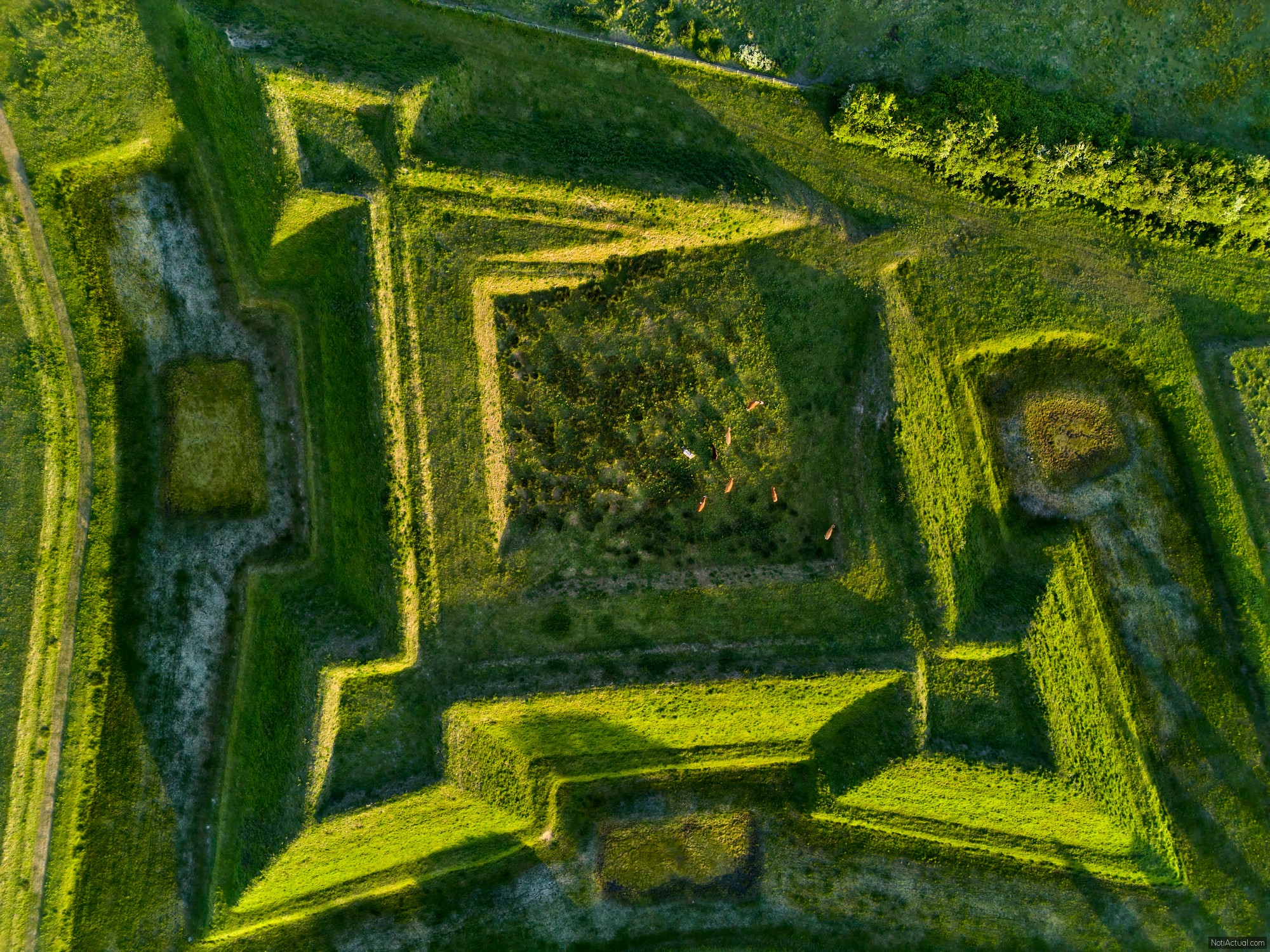 May 9, 2025 - Aardenburg-Netherlands: Aerial view of the reconstructed Olieschans fortification in Zeeuws-Vlaanderen, part of the historic Spanish-Dutch defense lines.