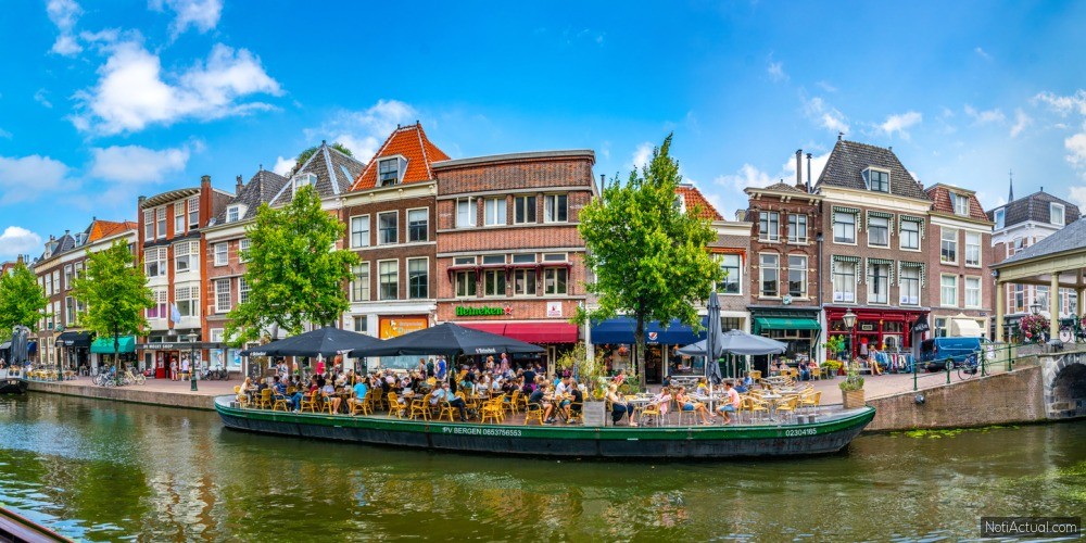 LEIDEN, NETHERLANDS, AUGUST 8, 2018: View of Koornbrug bridge in Leiden, Netherlands