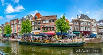 LEIDEN, NETHERLANDS, AUGUST 8, 2018: View of Koornbrug bridge in Leiden, Netherlands