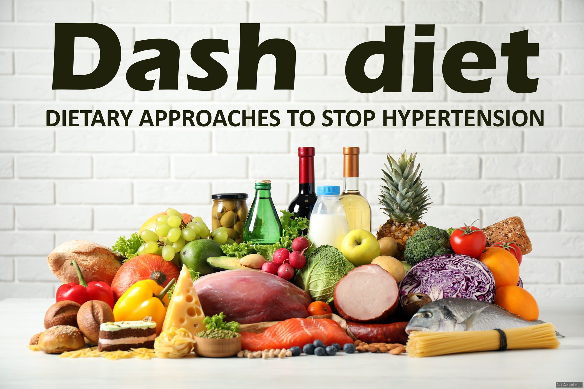 Dash diet (Dietary approaches to stop hypertension). Many different healthy food and drinks on white table