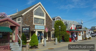 Historic buildings and shops in Perkins Cove in Ogunquit, Maine ME, USA.