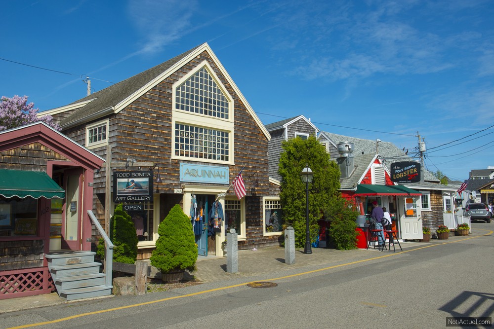 Historic buildings and shops in Perkins Cove in Ogunquit, Maine ME, USA.