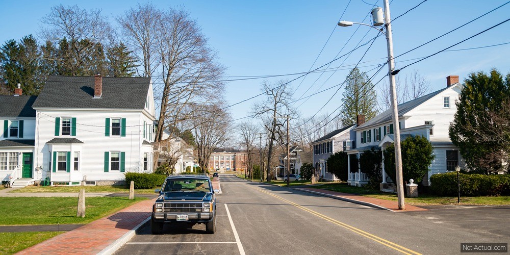 Kennebunk city downtown. Main street and the historical houses, Maine United States.