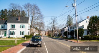 Kennebunk city downtown. Main street and the historical houses, Maine United States.