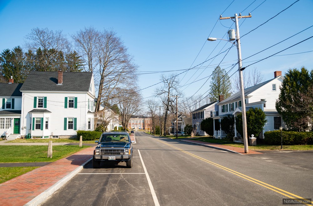 Kennebunk city downtown. Main street and the historical houses, Maine United States.