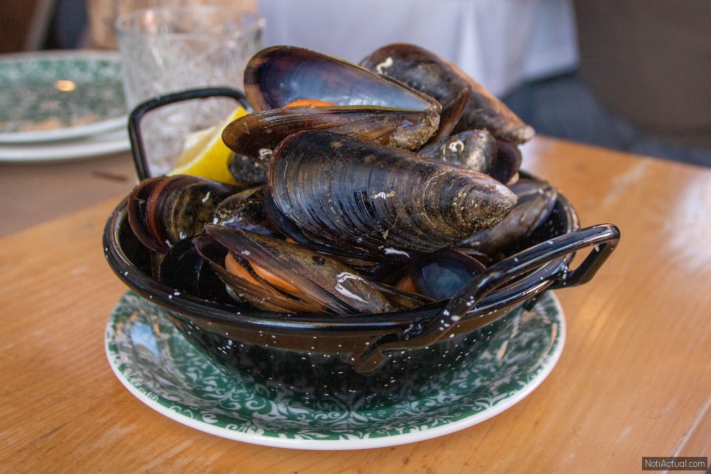 Plate of mussels cooked with wine and lemon in a spanish restaurant at Combarro, Galicia