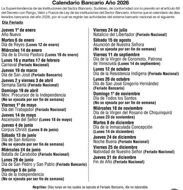 CALENDARIO BANCARIO 2026