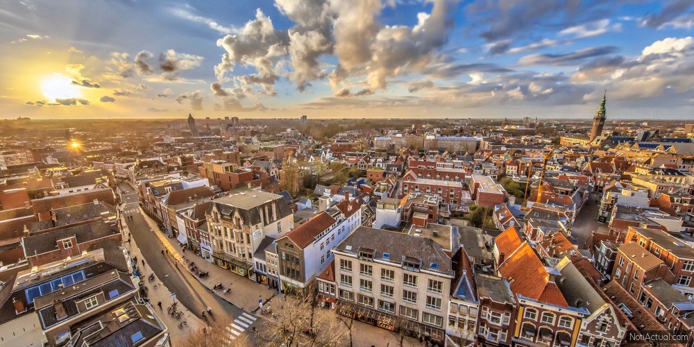 Aerial View over Groningen city at sunset