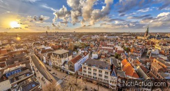 Aerial View over Groningen city at sunset