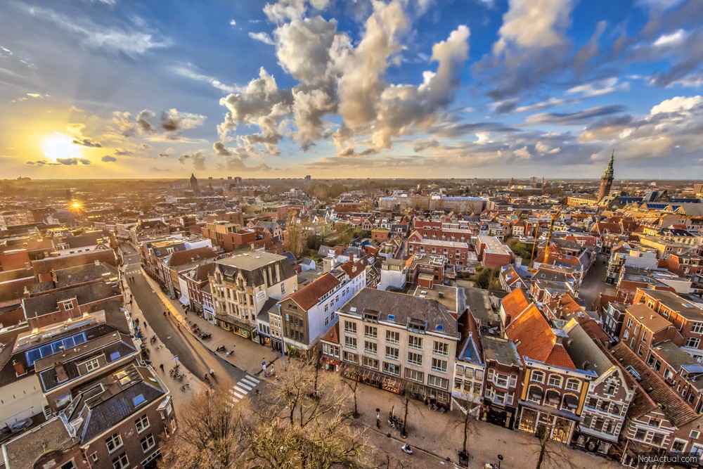 Aerial View over Groningen city at sunset