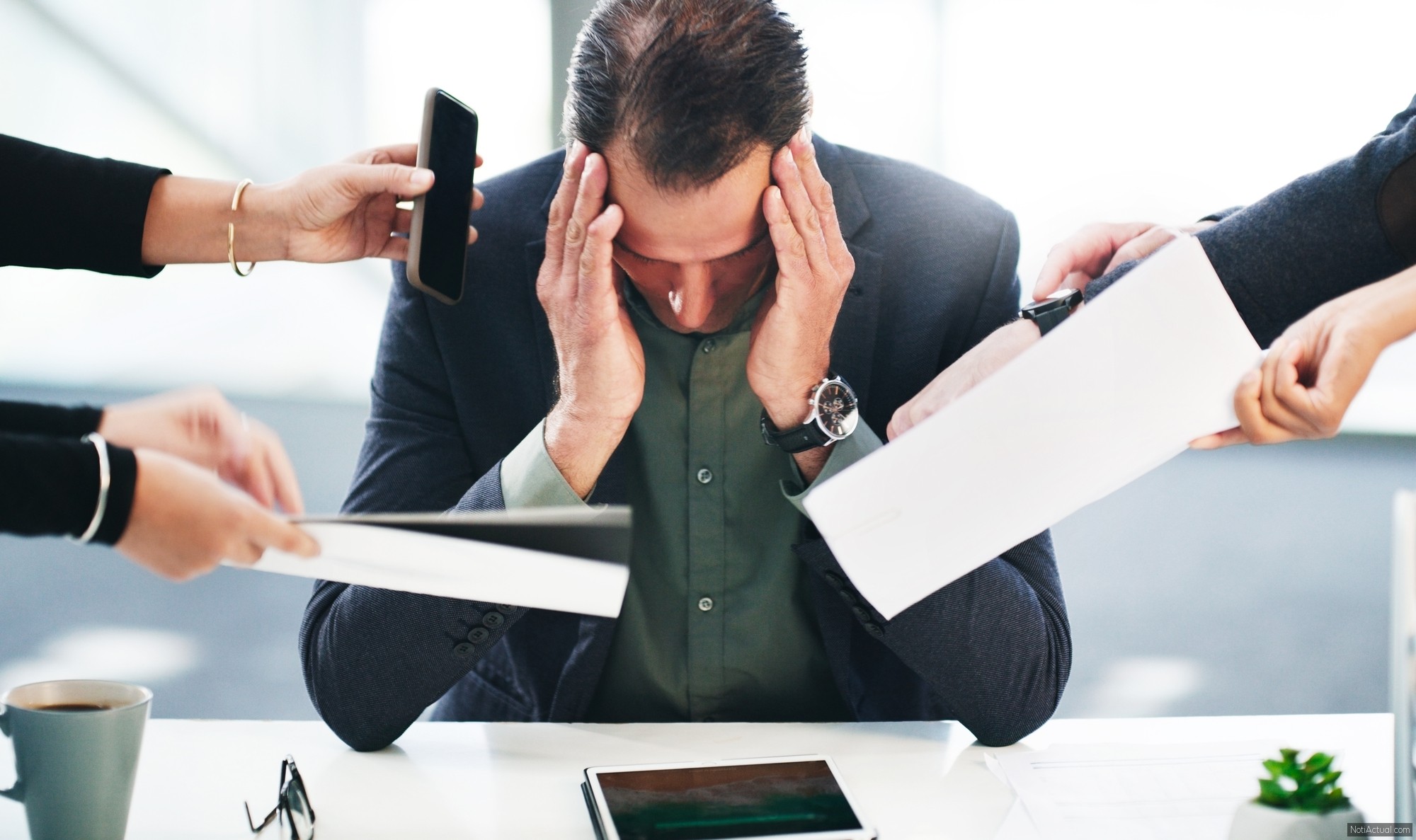 Anxiety, stress or burnout of management in office at bank with schedule conflict, fail or mistake. Tired, challenge or exhausted bank manager at corporate desk overwhelmed with work overload