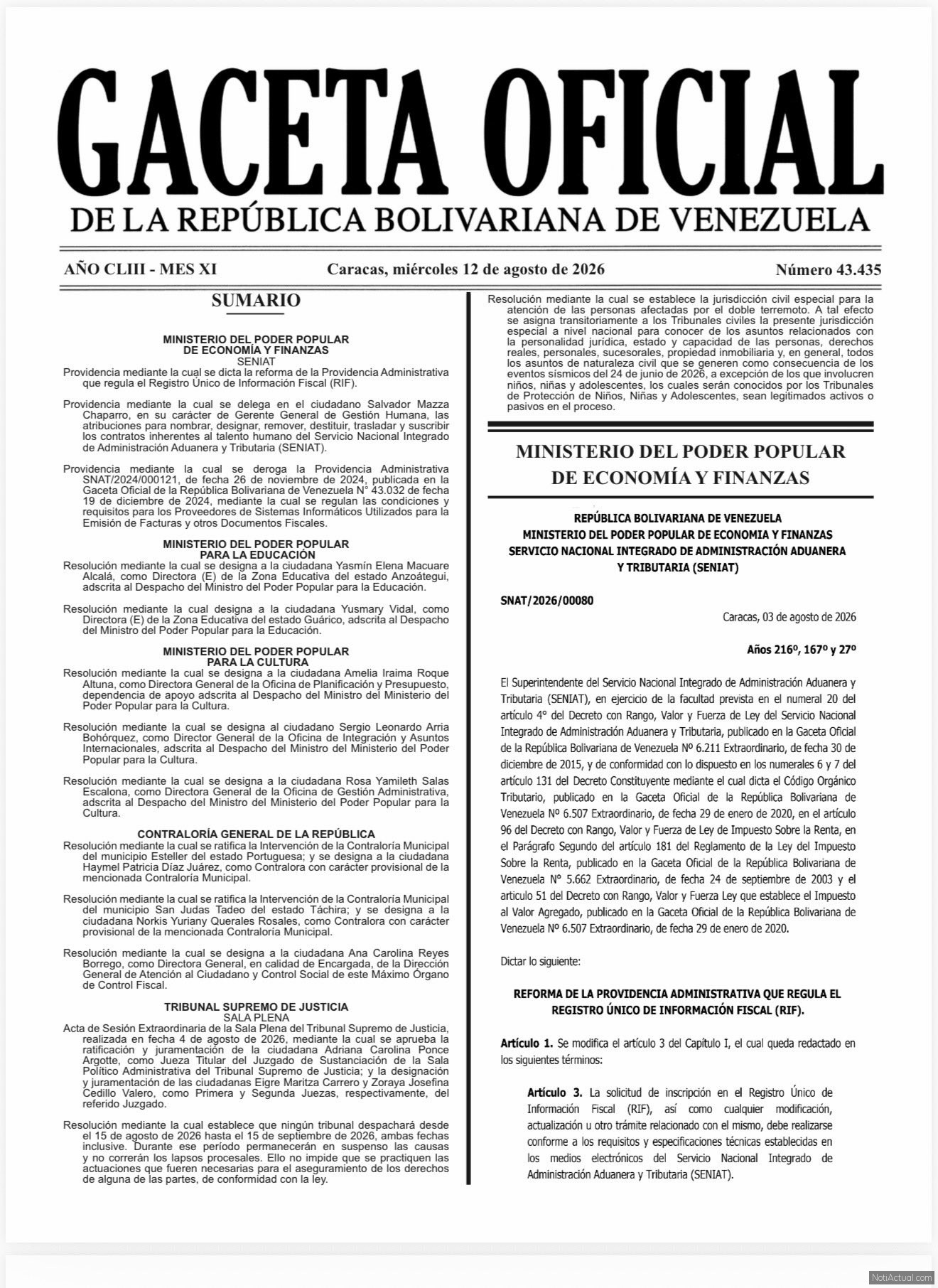 odificaciones en el RIF y Facturación Gaceta 43435